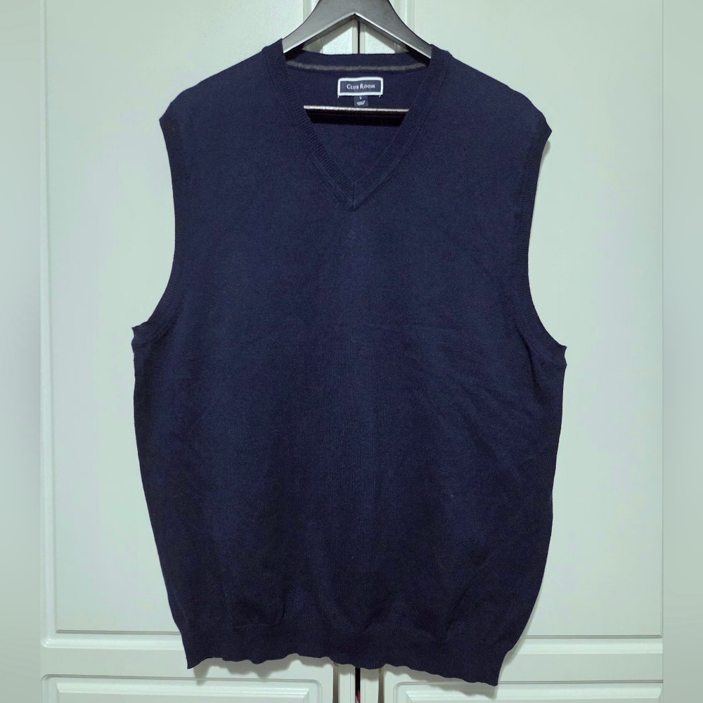 Club Room Mens Pull Over V-Neck  Vest Sweater Sleeveless Navy Blue Cotton Blend